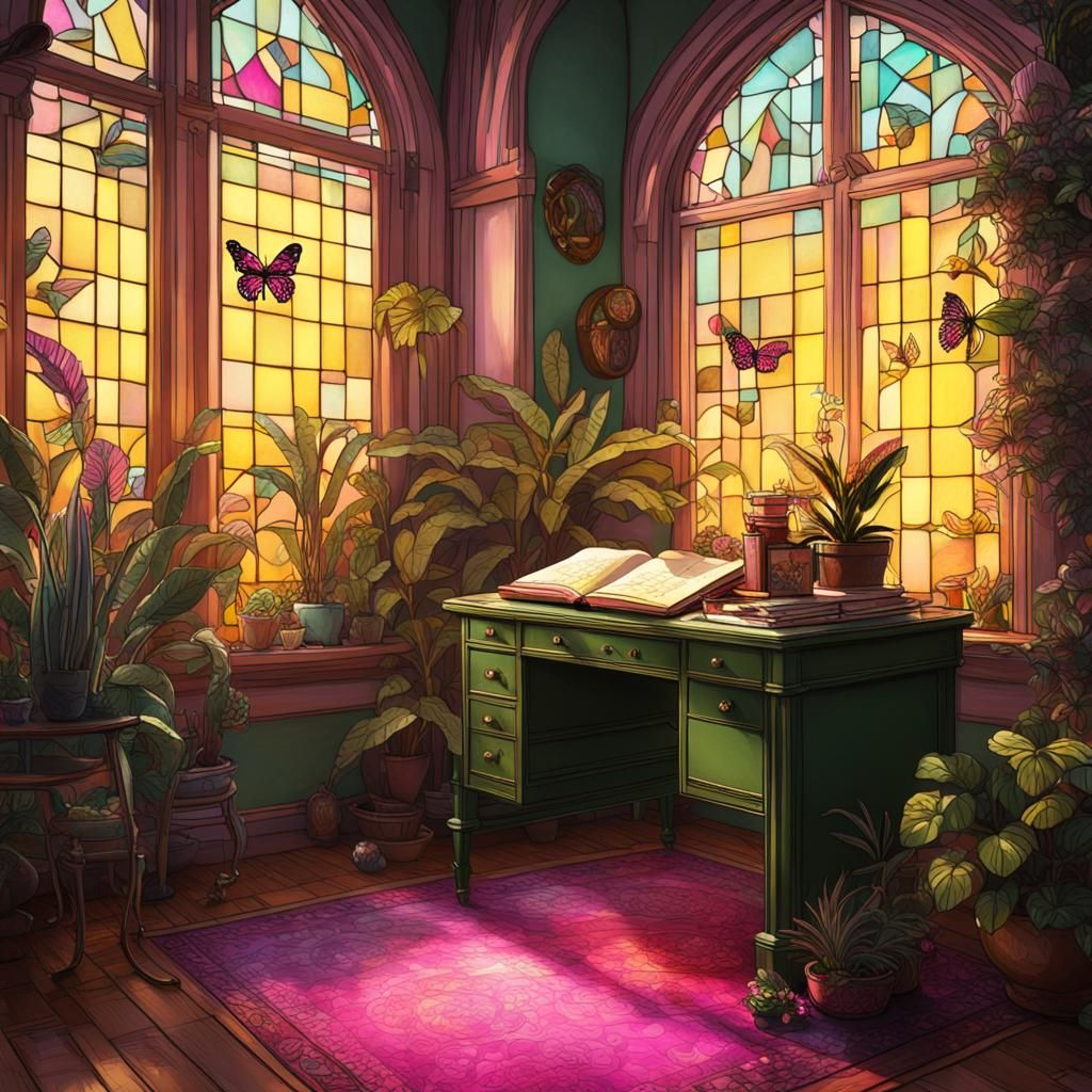 Sage Green Desk with Feather Pen and Plants