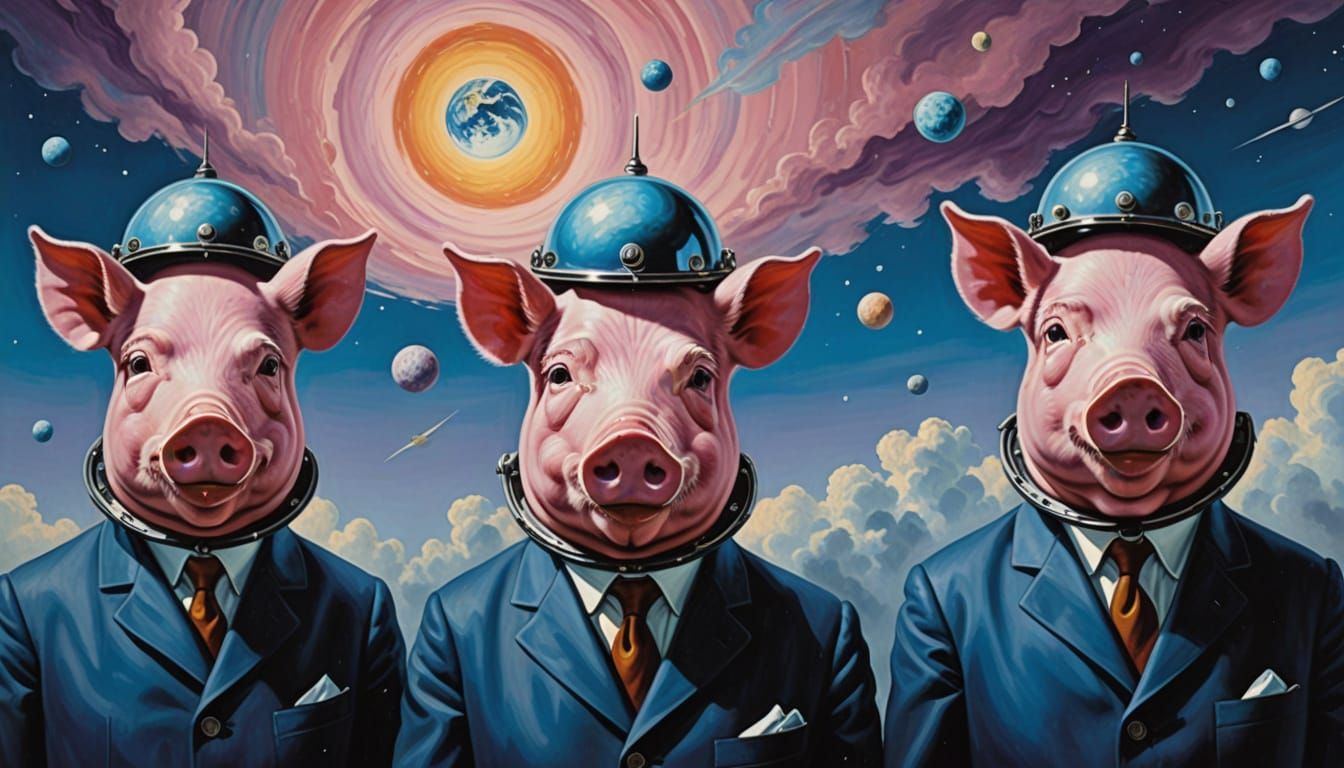 Surreal Pigs in Zero Gravity, a Vibrant Oil Painting