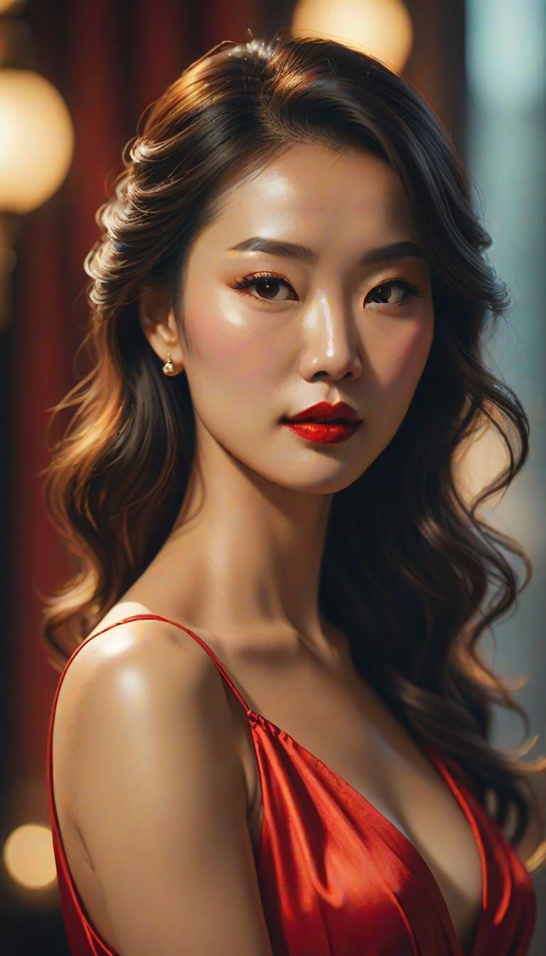 Chinese Woman in Red Silk Nightgown: Oil Painting