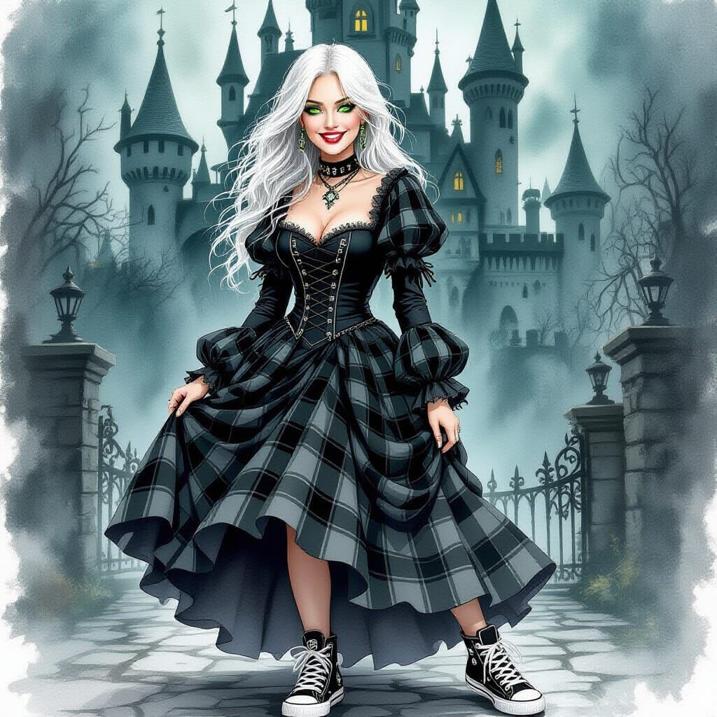 Gothic Castle Portrait of a Woman in Plaid Gown