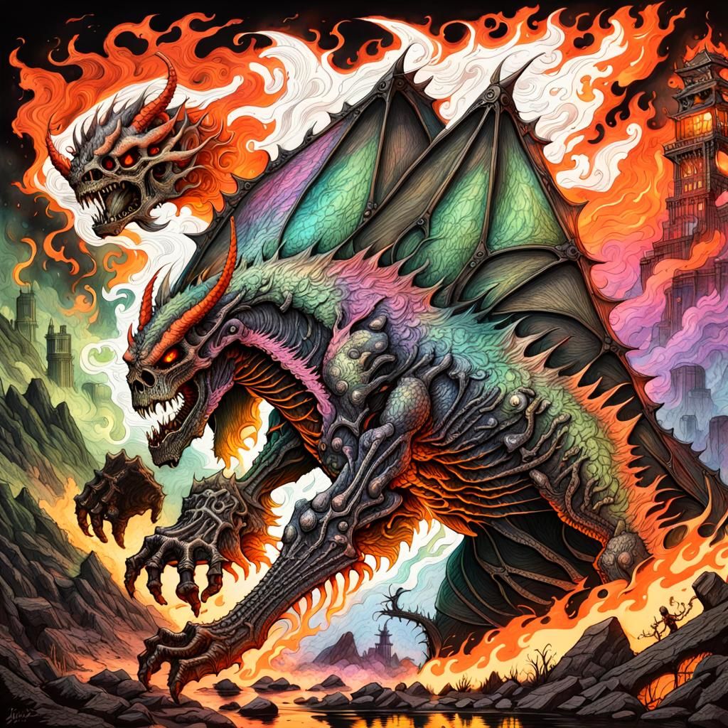 Flaming Skeletal Dragon Beast in Hyperdetailed Charcoal Styl...