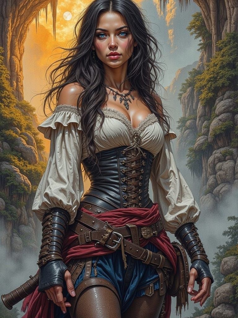 Vampire Pirate Maiden Amidst Ancient Jurassic Landscape