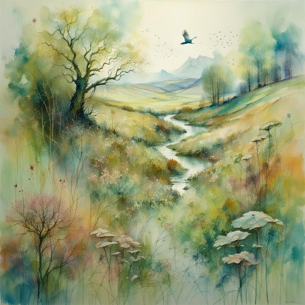 Landscape in Whimsical Folk Art Style