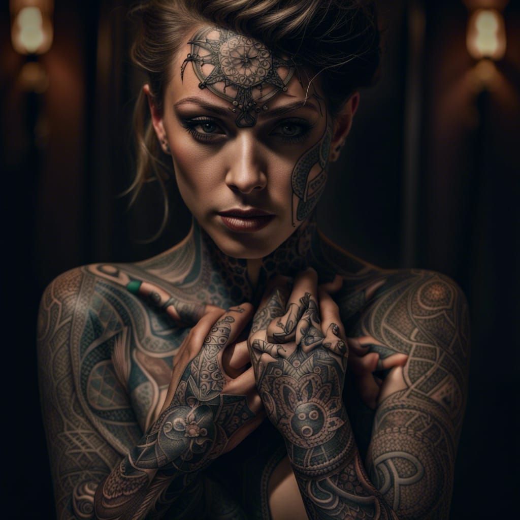 Tattooed Contortionist: Hyperrealistic Cinematic Photograph