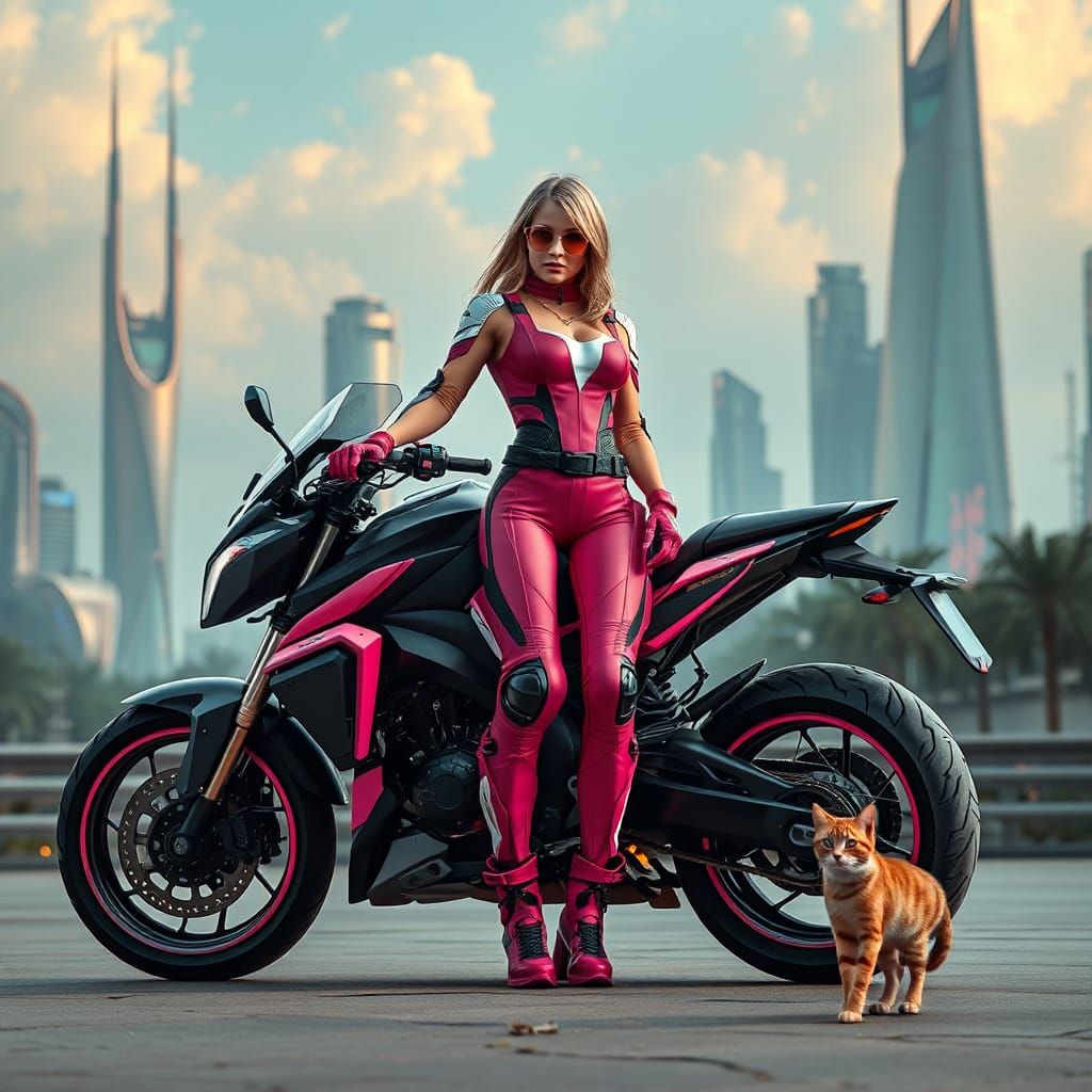 Cyberpunk Motorcyclist in Futuristic Cityscape