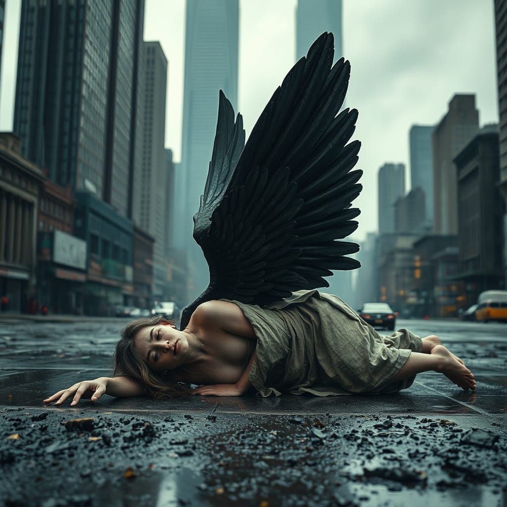 Fallen Angel on Rain-Soaked City Streets in Cyberpunk Style
