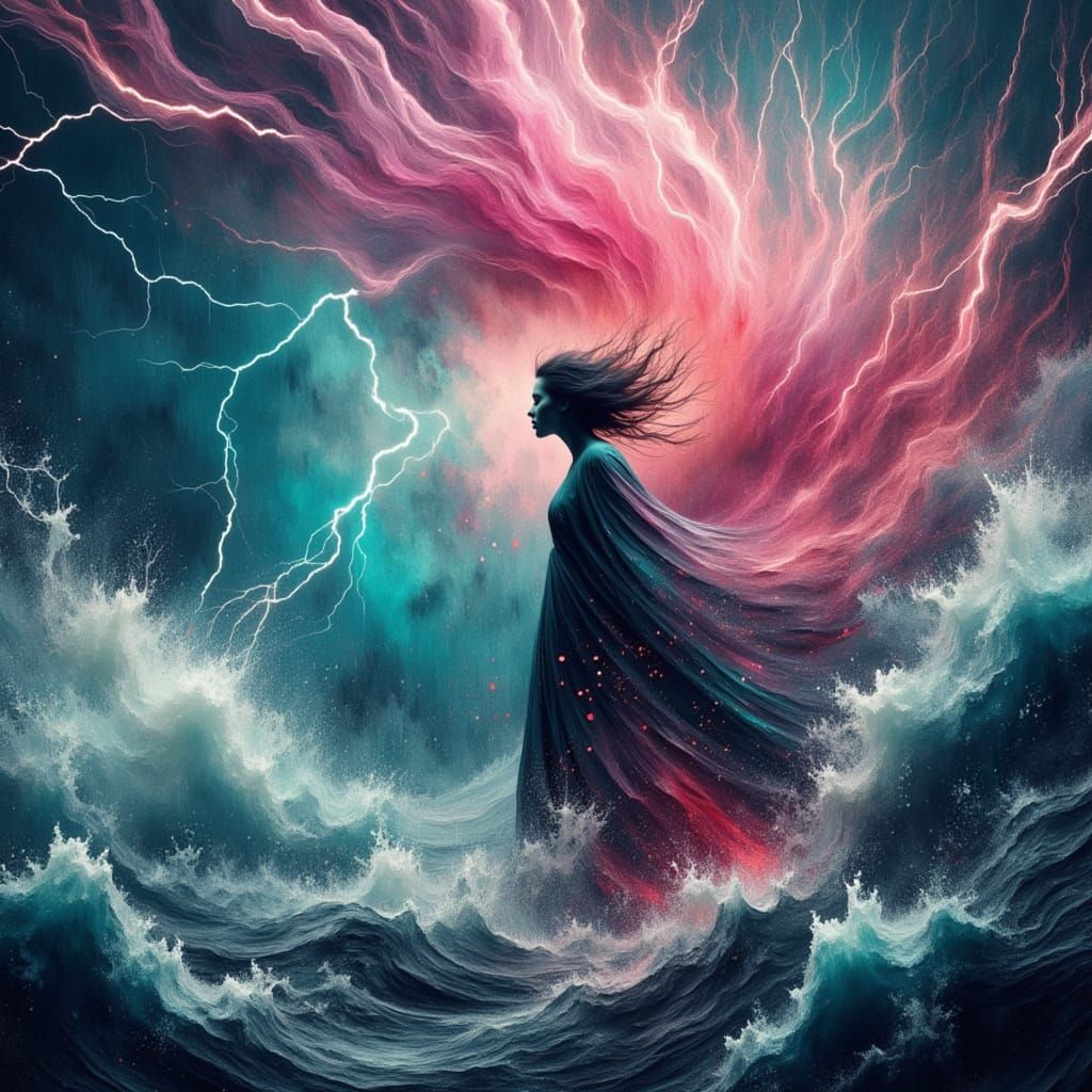 Pink-Haired Woman Merges with Storm in Neo-Impressionism