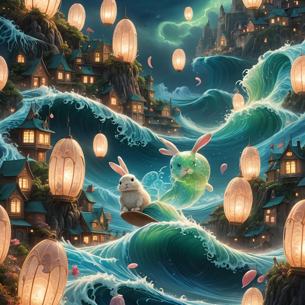 Bunny Rides a Wave in Underwater City