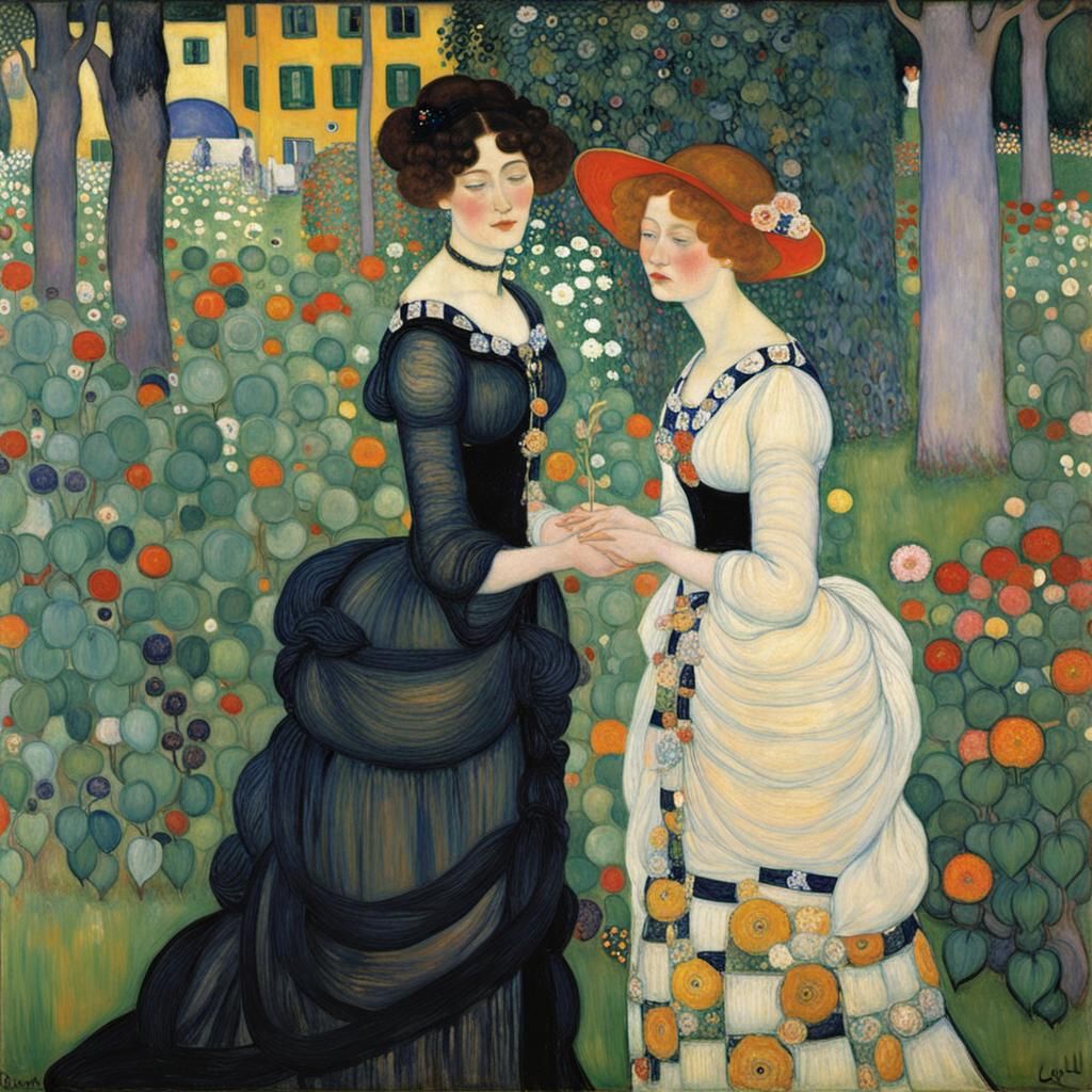 Two Women in a Garden: Art Nouveau Style