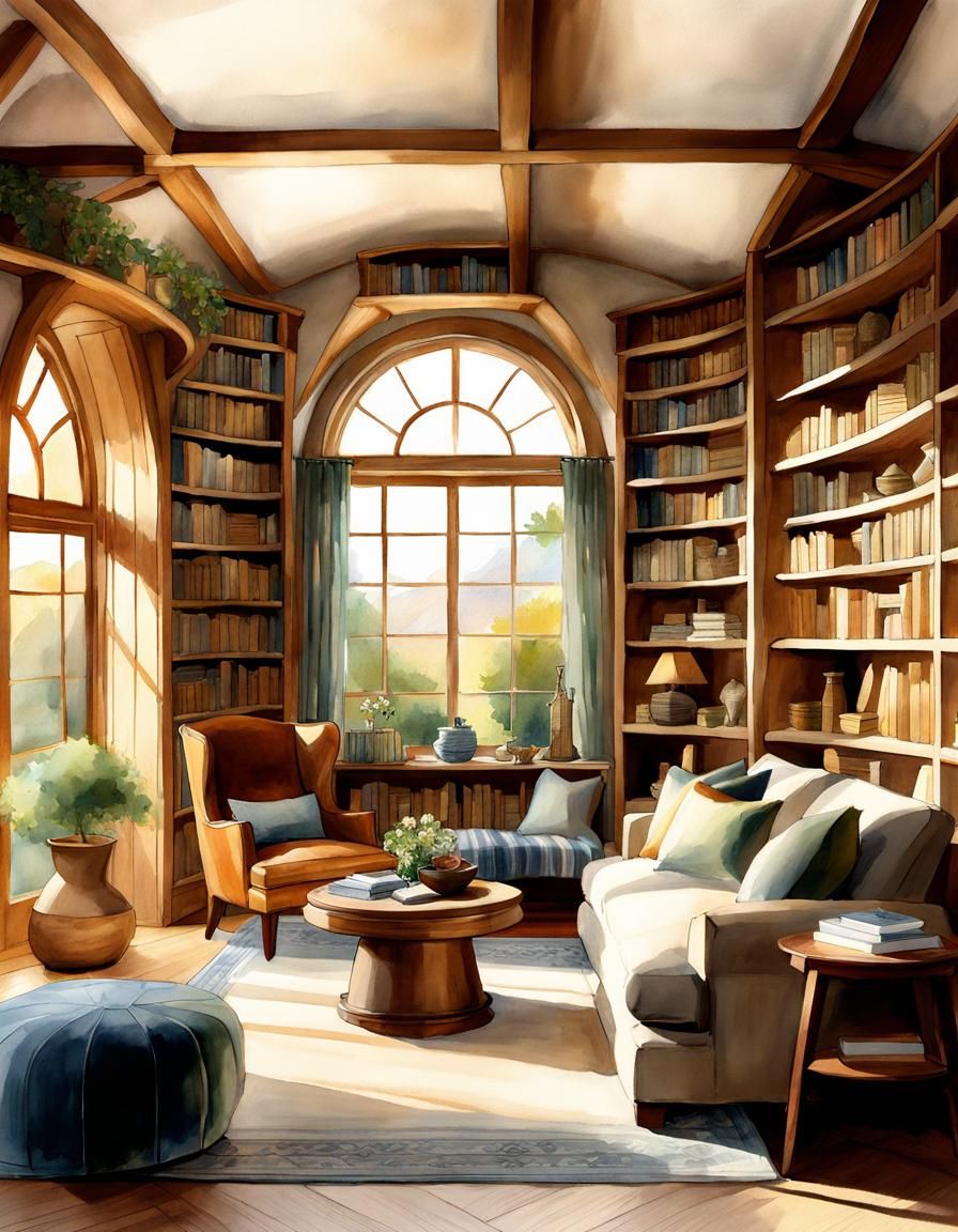 Cozy Hobbit House Interior in Watercolor Style