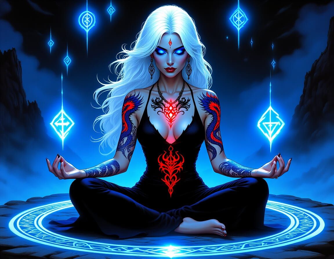 Enchantress Meditating in Magic Circle, Comic Book Art