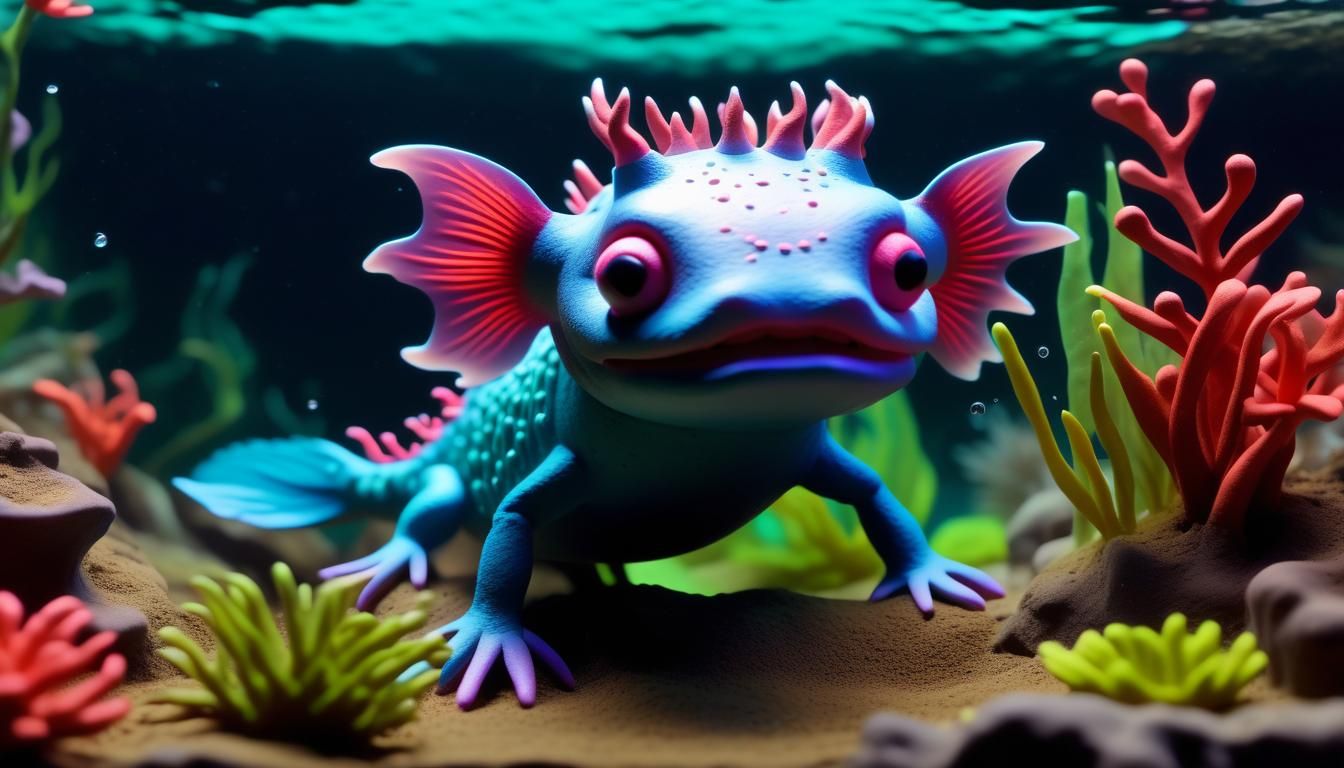Cute Axolotl in Detailed Claymation Underwater Scene