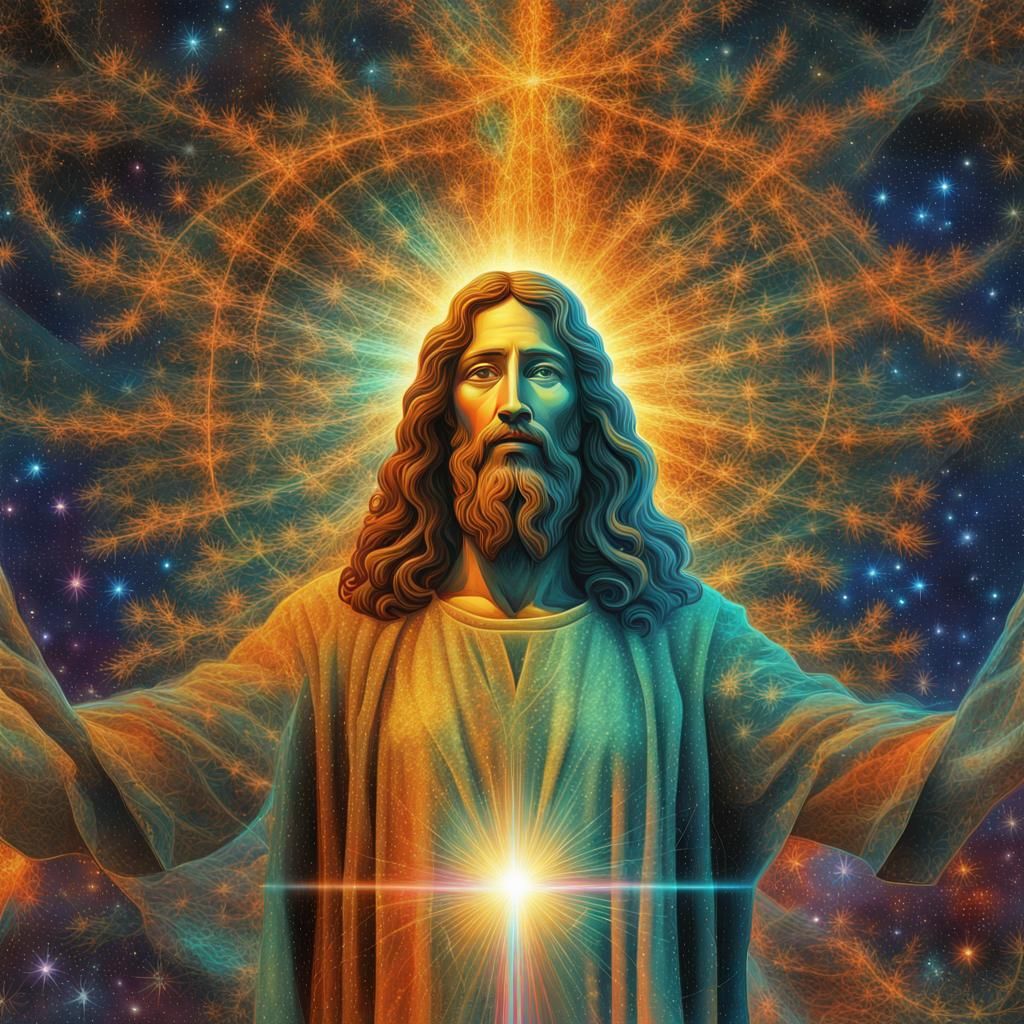 Jesus Christ and the Christmas Tree   8k resolution holographic astral cosmic illustration mixed media by Pablo Amaringo...