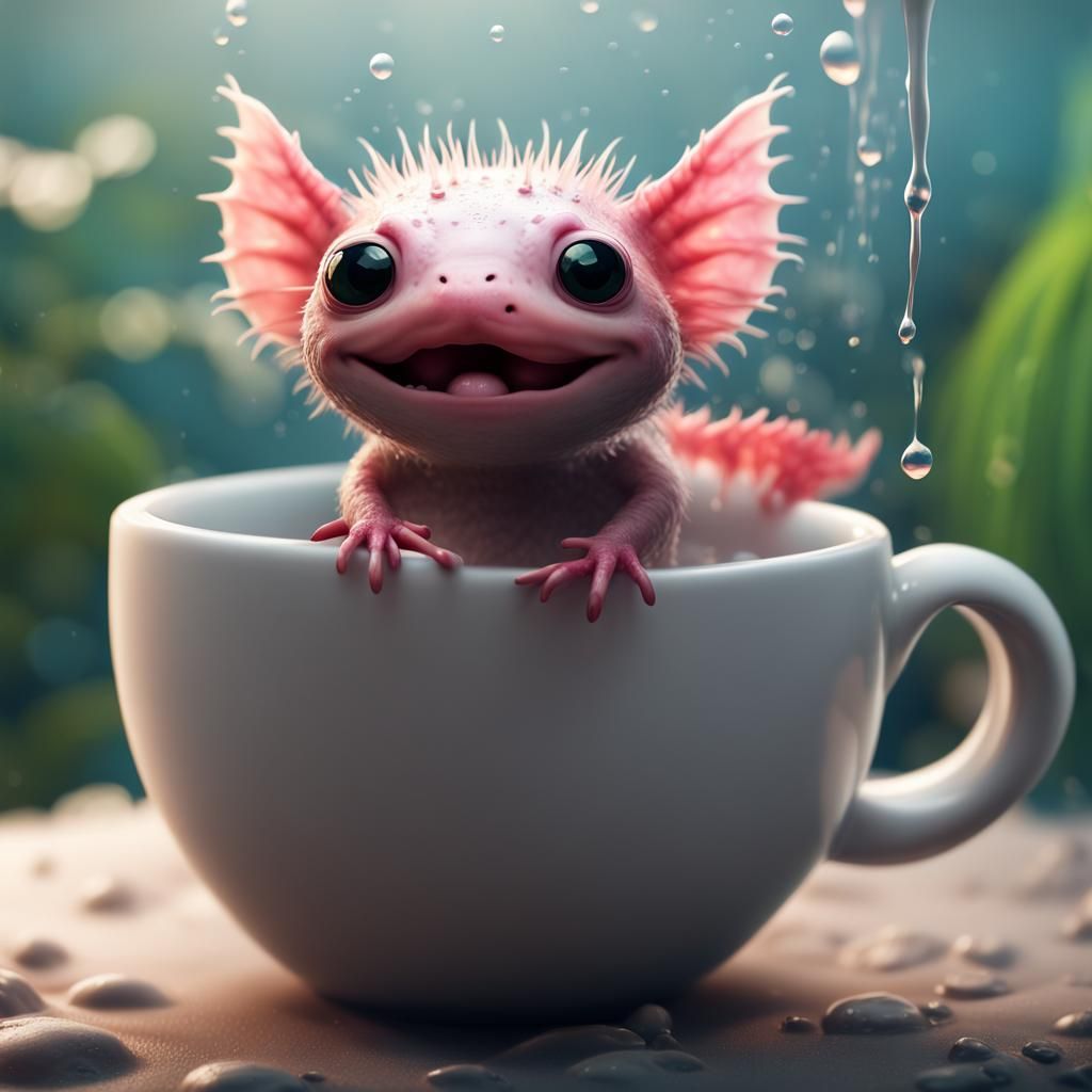 Cute Axolotl Bathing in Coffee Cup