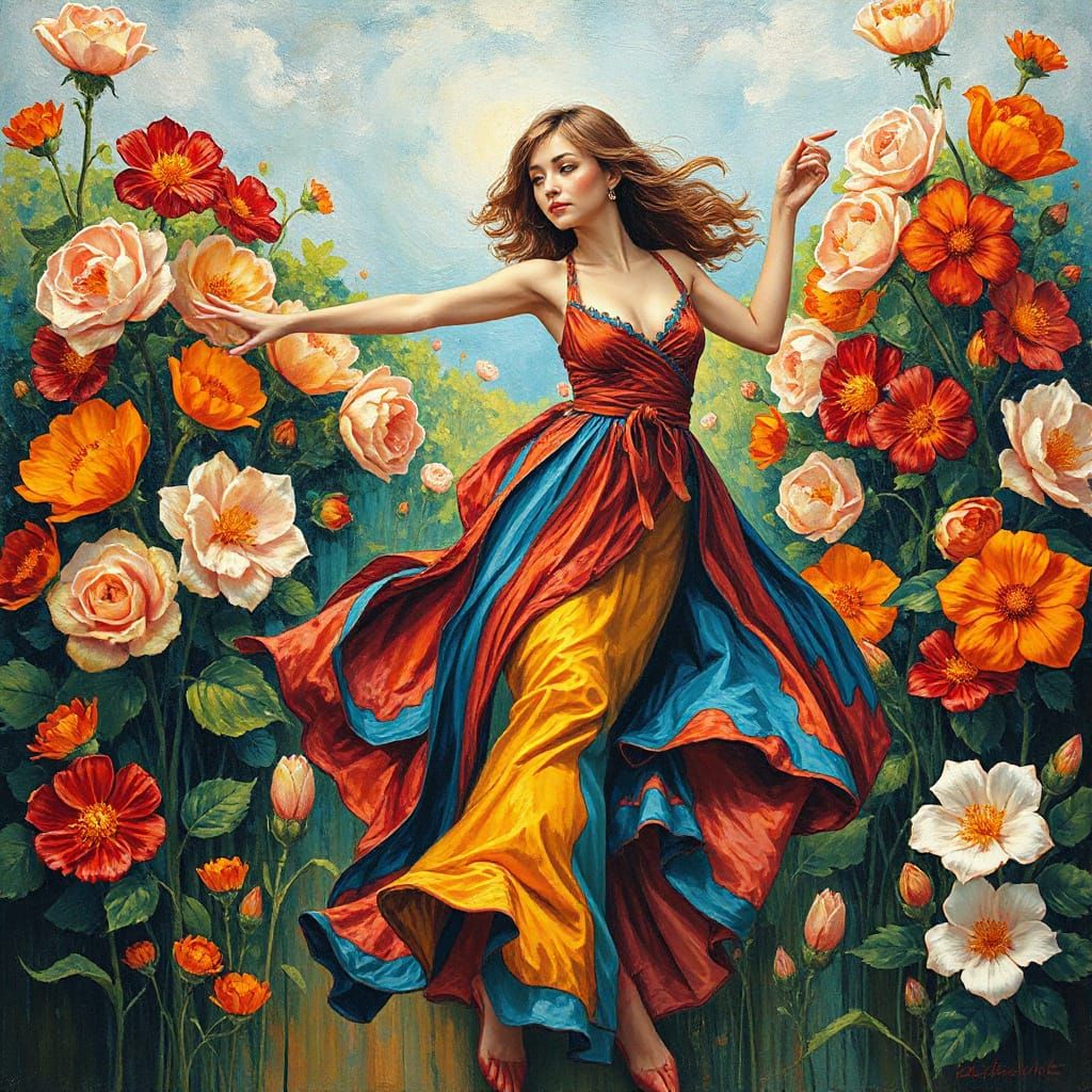 Woman Dancing in a Blooming Garden in Neo-Impressionist Styl...