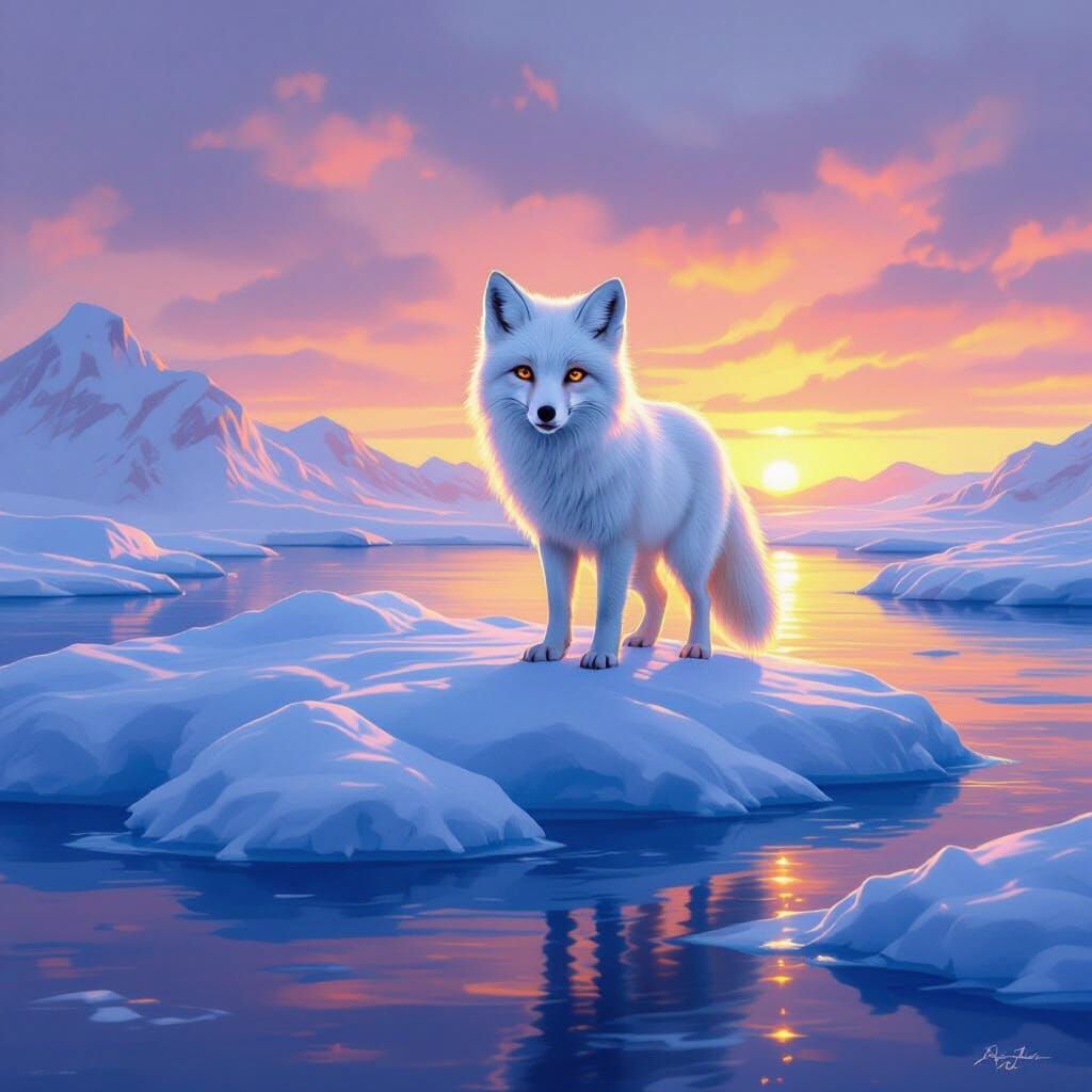 Playful Arctic Fox on Iceberg at Sunset