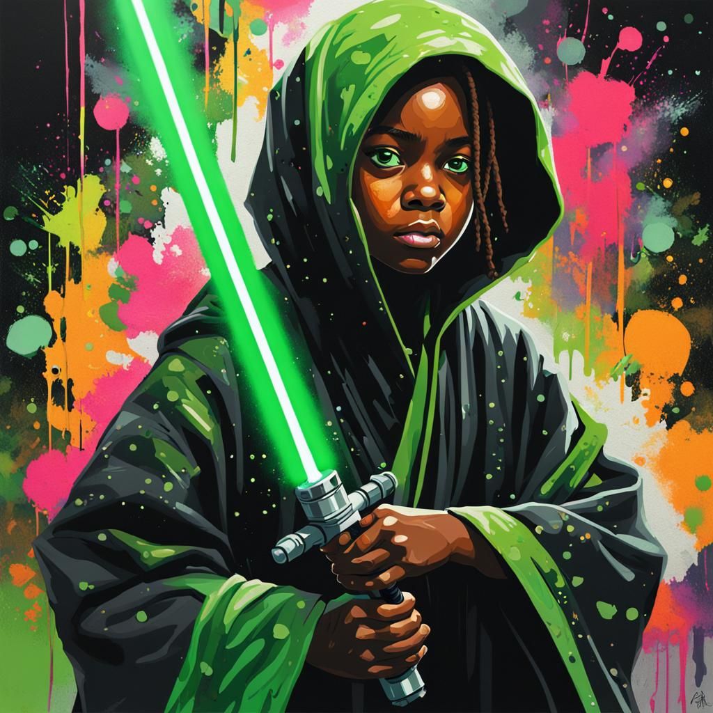 Young Jedi Graffiti Art with Green Lightsaber