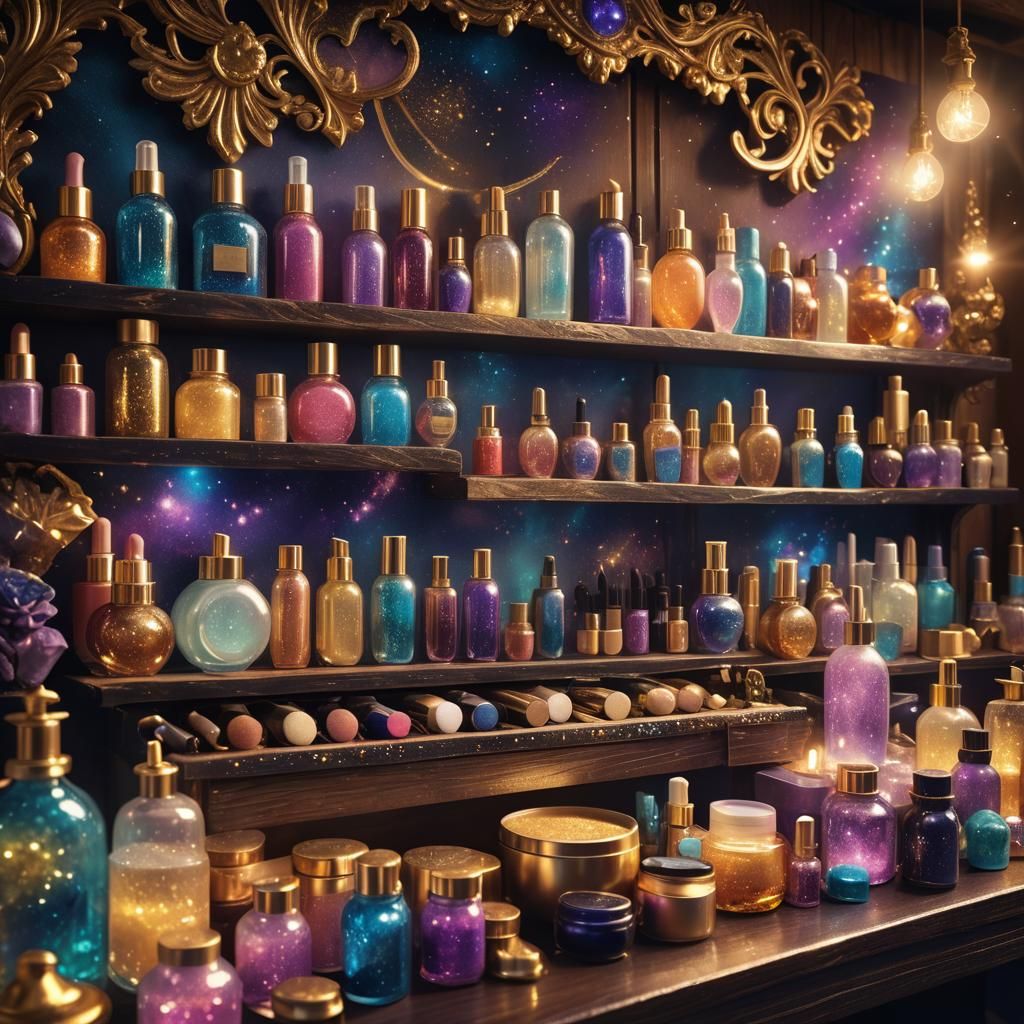 Fantasy Cosmetics Stand with Glowing Products
