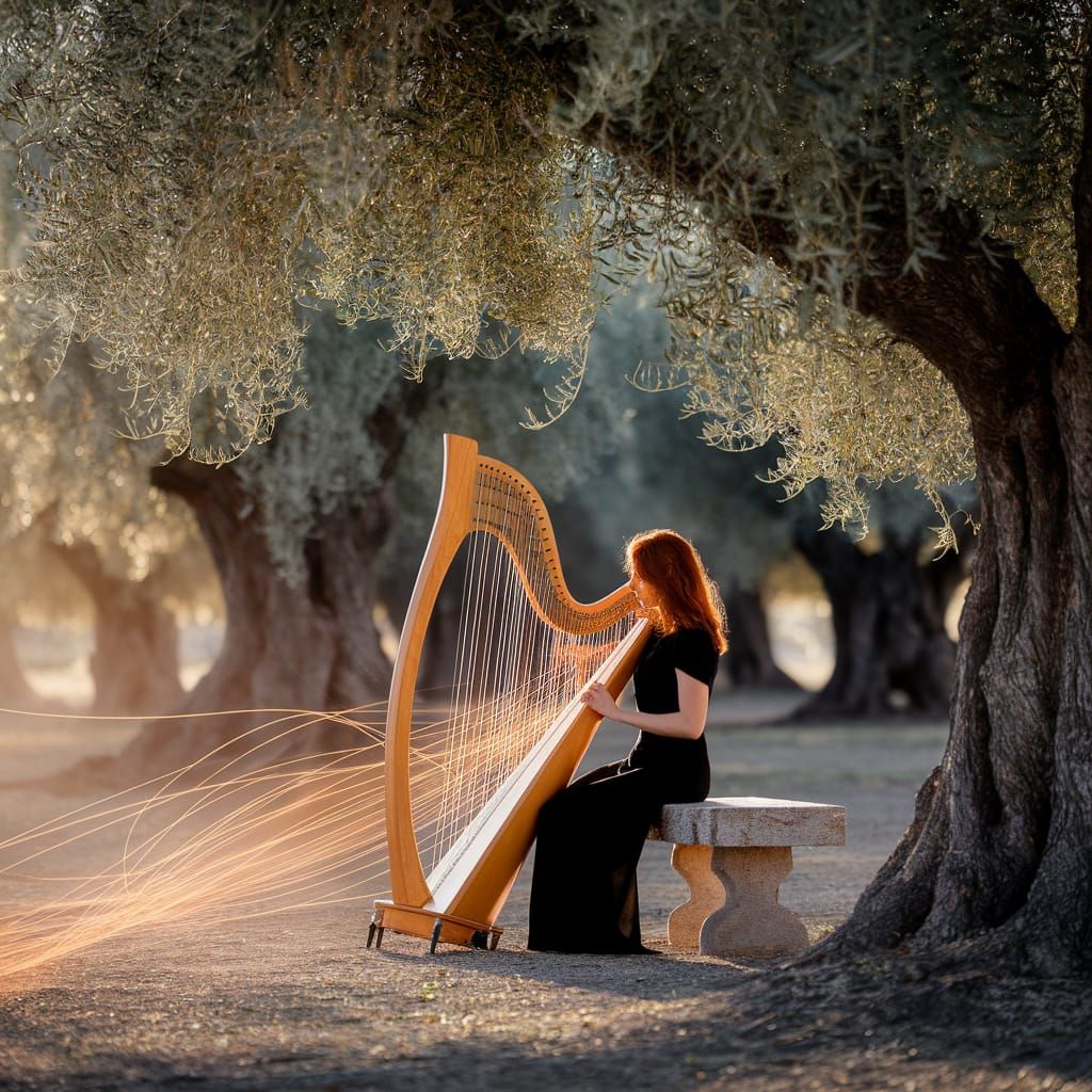 Enchanted Musician Plays Luminous Harp in Sun-Drenched Grove