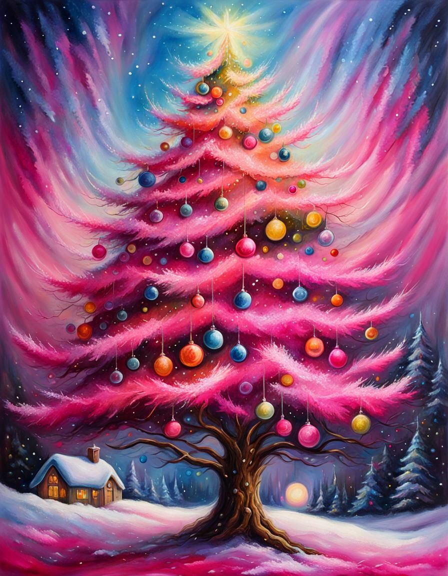 Pink Christmas Tree in Fluffpunk Oil Painting