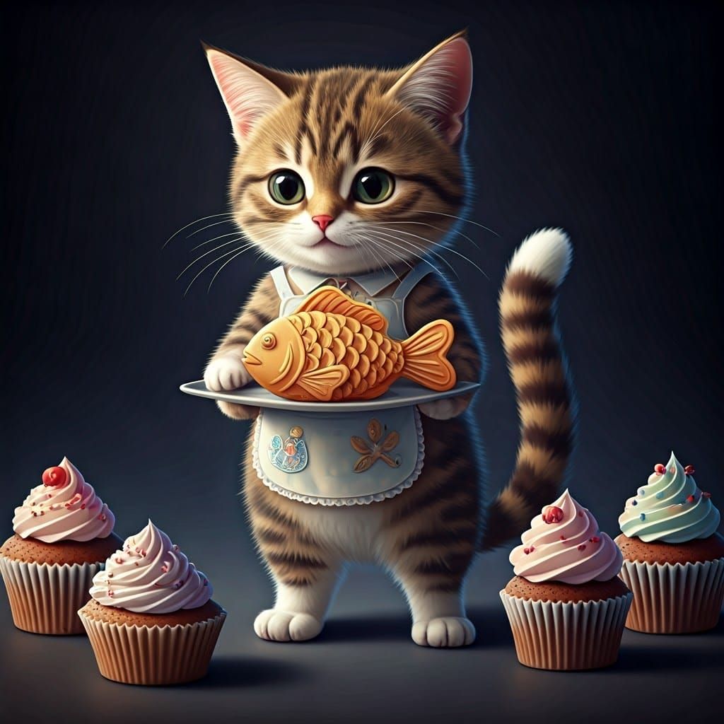 Tabby Cat Serves Anime Style Cookies and Cupcakes