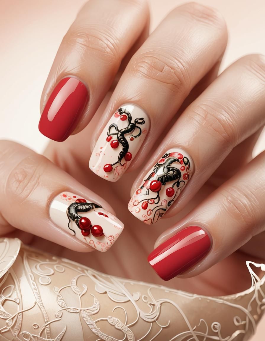 Cherry and Snake Nail Art in Watercolor Style