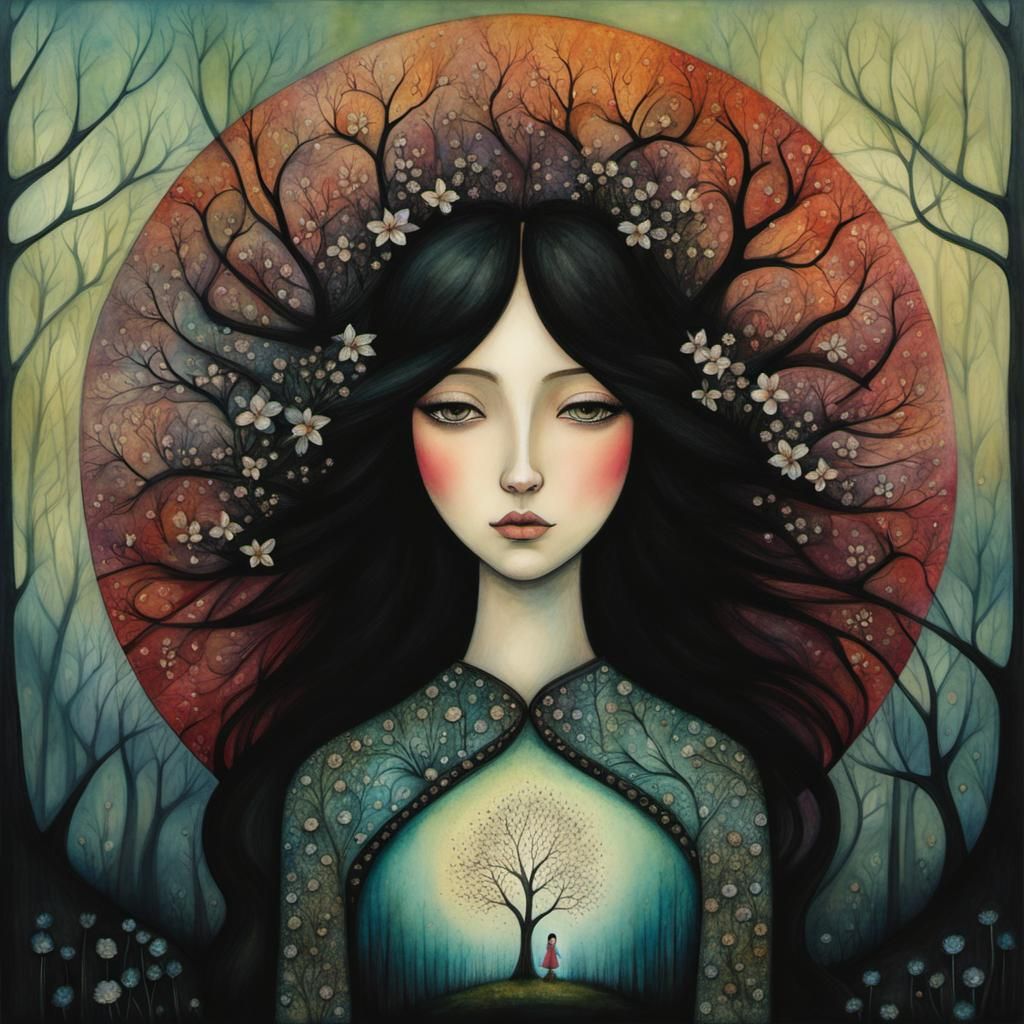 Transparent Girl and Blossom Tree in Watercolor Art