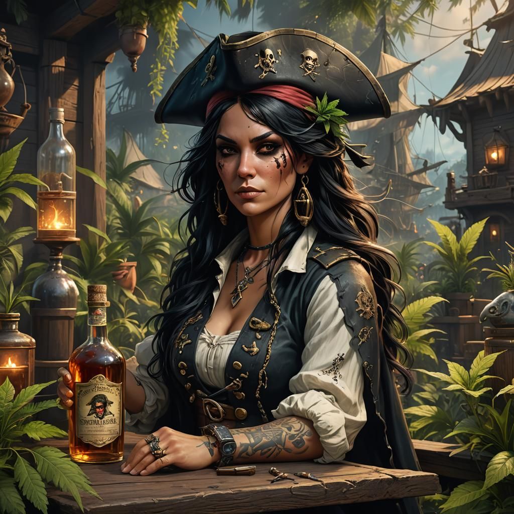Lady Pirate Portrait with Marijuana Garden, Dark Fantasy Art