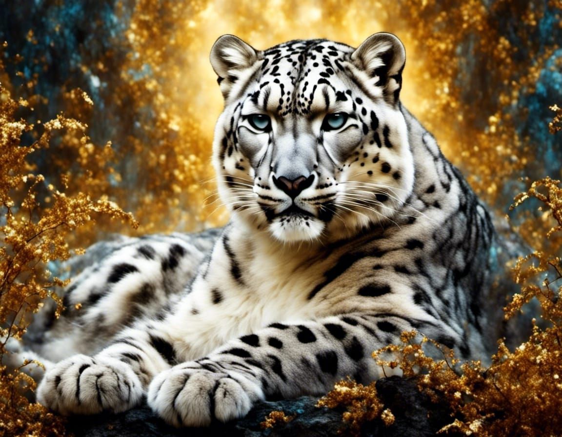 Snow Leopard with Gold Inlay in Hyperreal Style