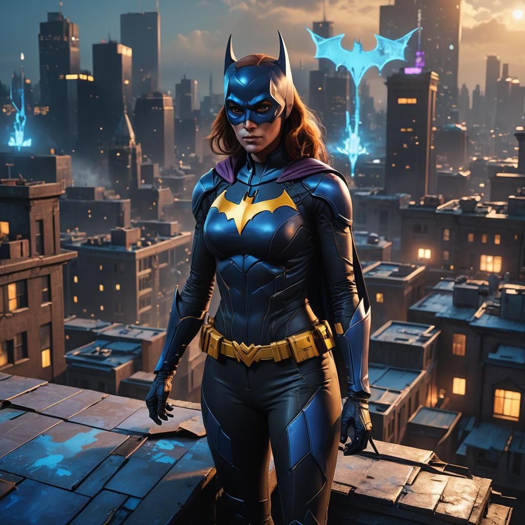 Batgirl on Rooftop with Blue Glow in Detailed Painting
