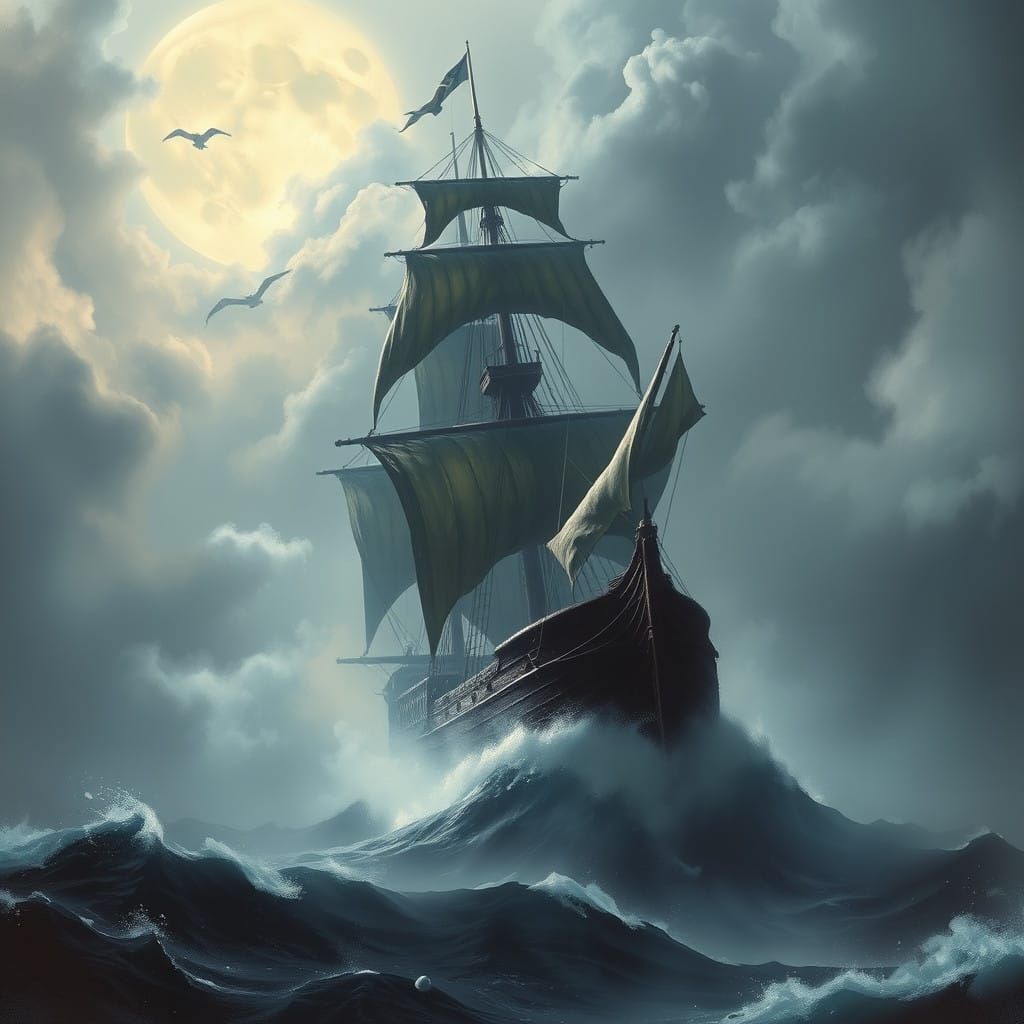 Ethereal Flying Dutchman Emerges from Misty Vapors at Sea