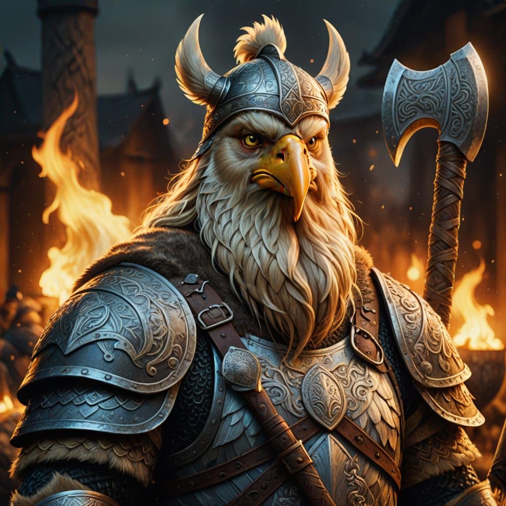Grumpy Chicken Viking with Axe in Digital Painting Style
