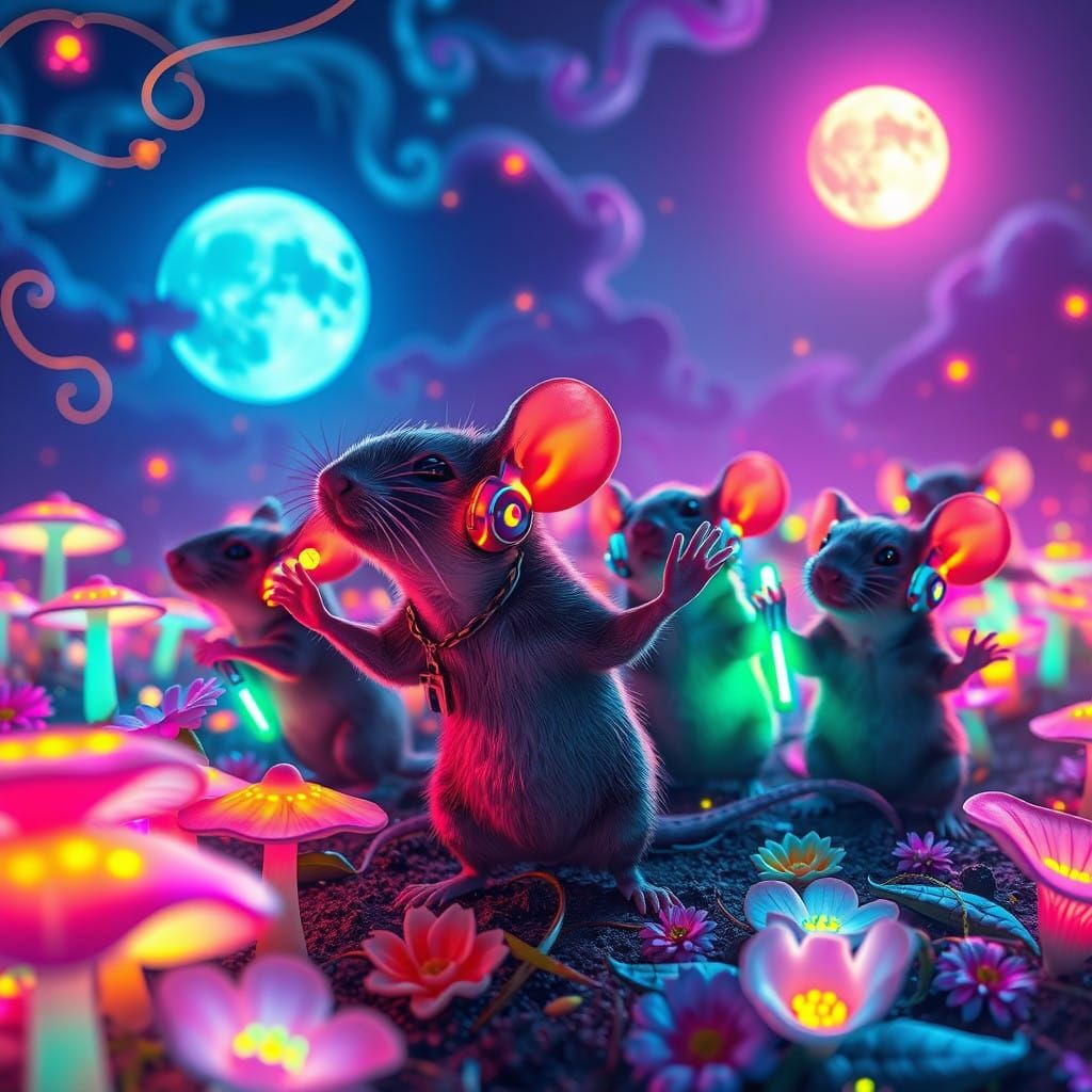Electric Dreams of Raver Mice in a Vibrant Neon Wonderland