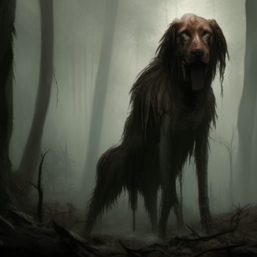 Monster Dog-Man Hybrid in Dark Fantasy Forest