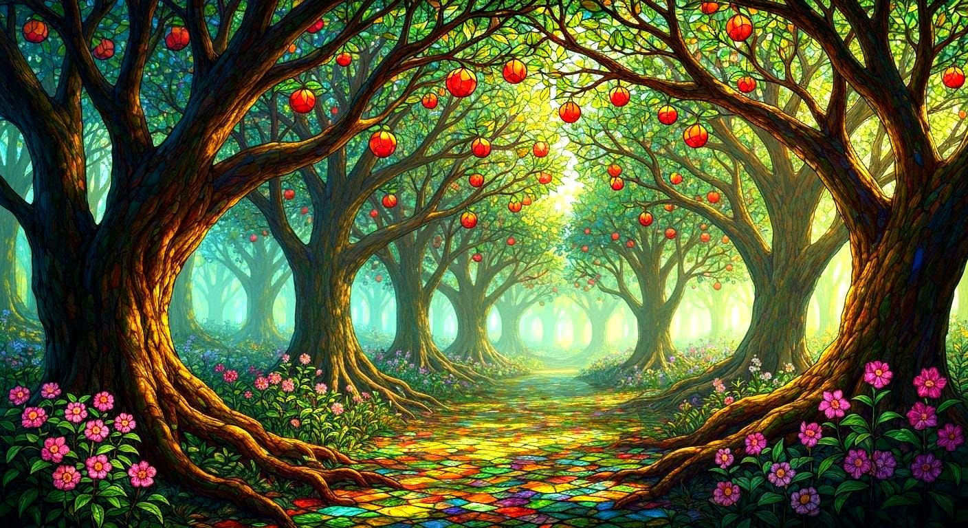 Stained Glass Fruit Grove in Hyperrealistic Style