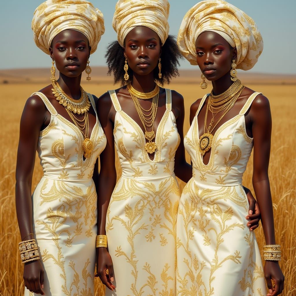 African Royalty in Opulent White and Gold Regalia