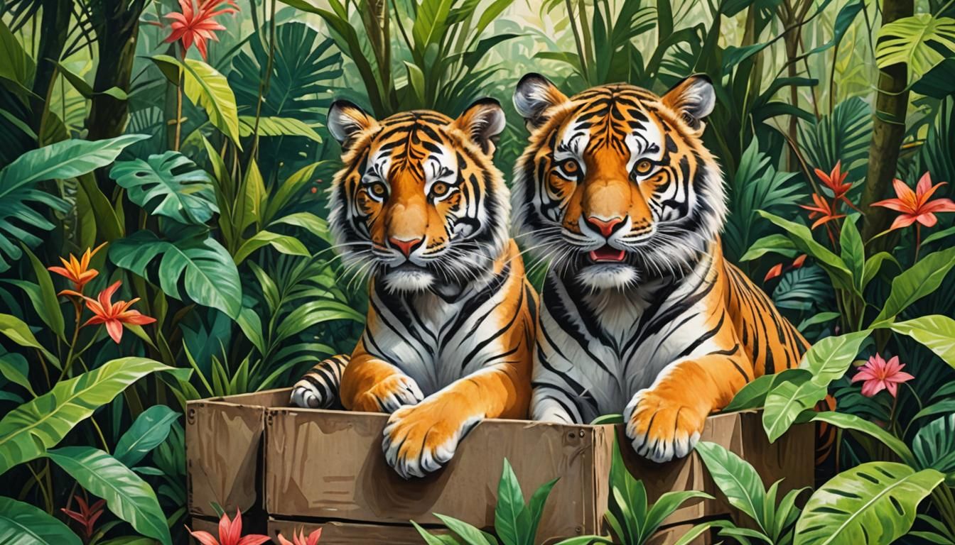 Smiling Tiger Cub in a Box: Gouache Painting