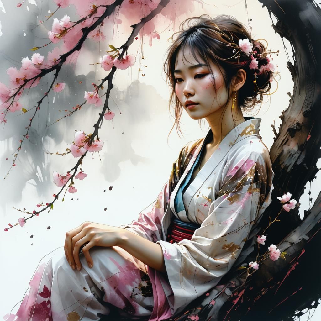 Japanese Woman Under Cherry Tree in Dark Fantasy Style