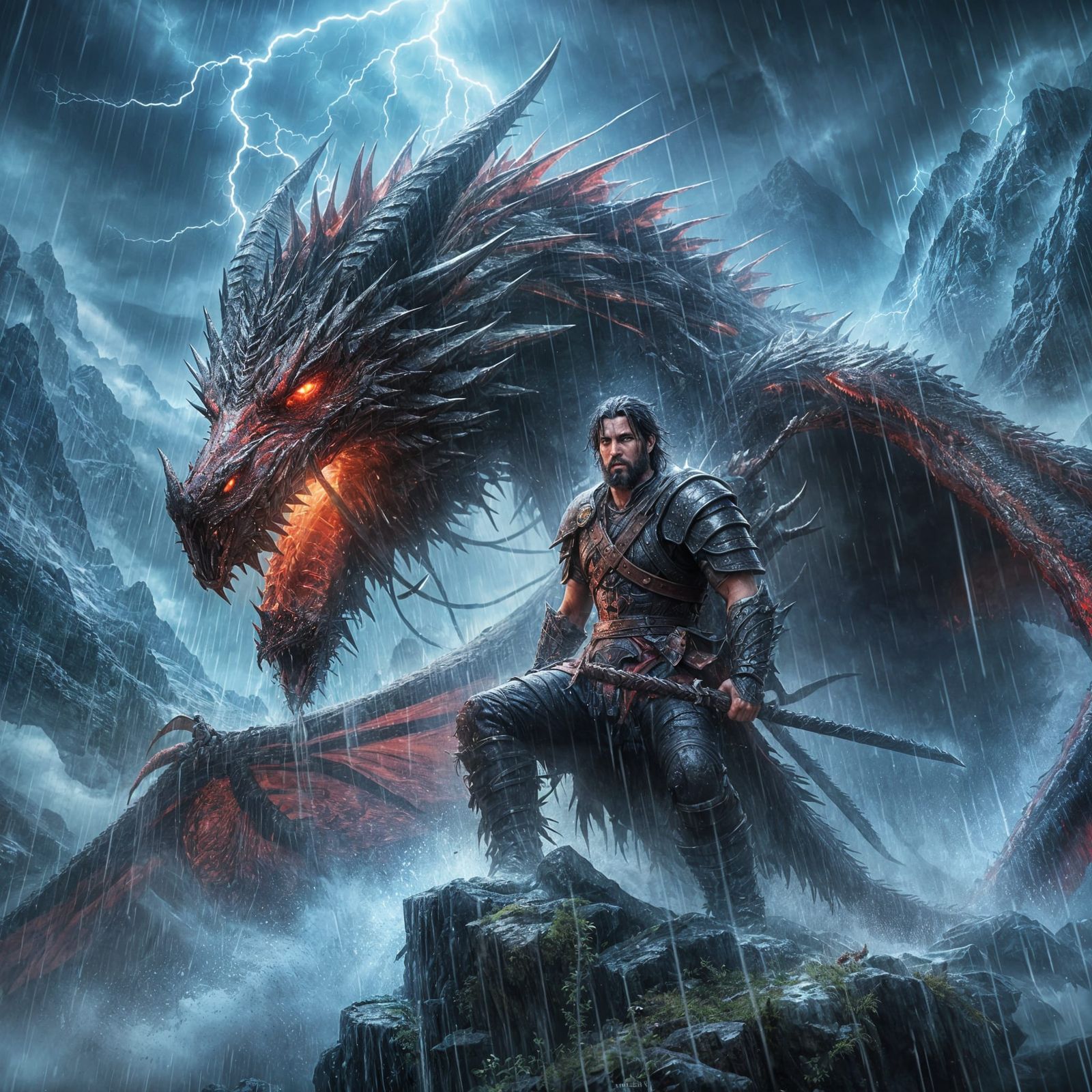 Epic Storm: Warrior and Red Dragon in Mountains
