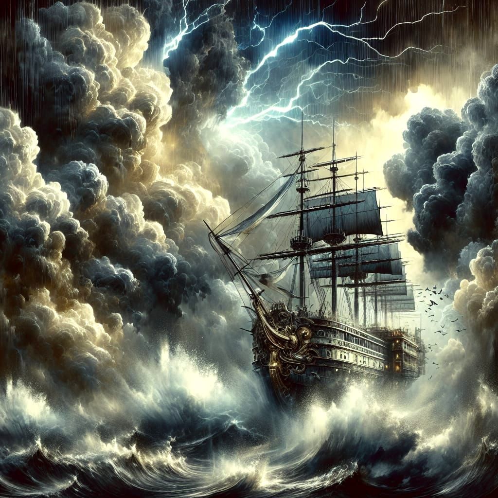 Steampunk Skyship Emerges from Stormy Sky in Classical Style