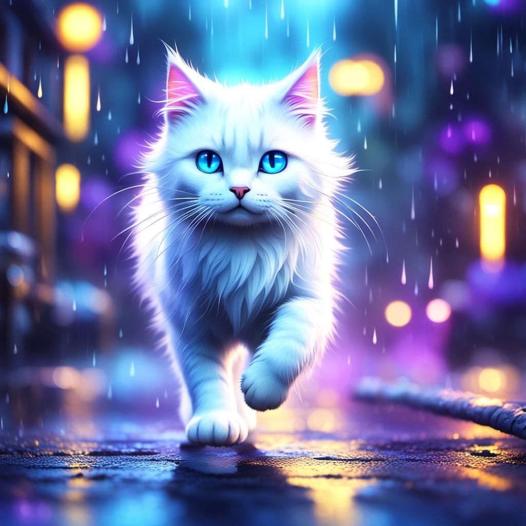 Cute Rain Cat in Vibrant Digital Art