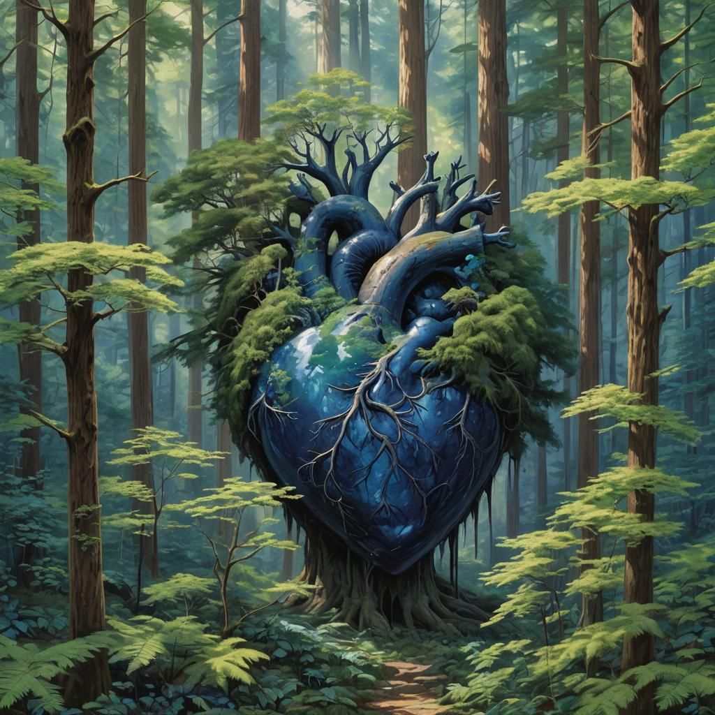 Sapphire Heart Monument in Ancient Forest, 3D Anime Art