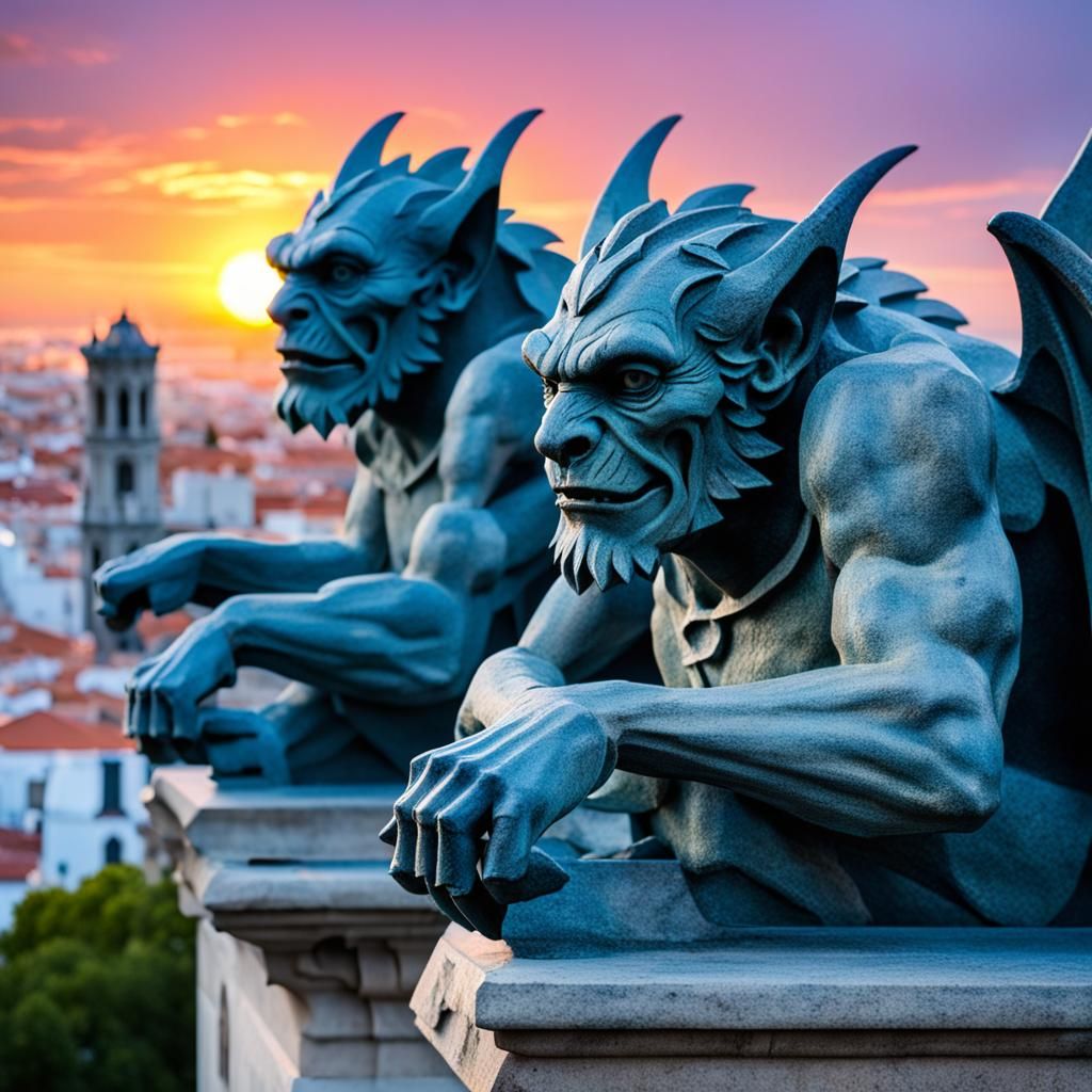 Detailed Spanish Gargoyles Against Vibrant Sunrise