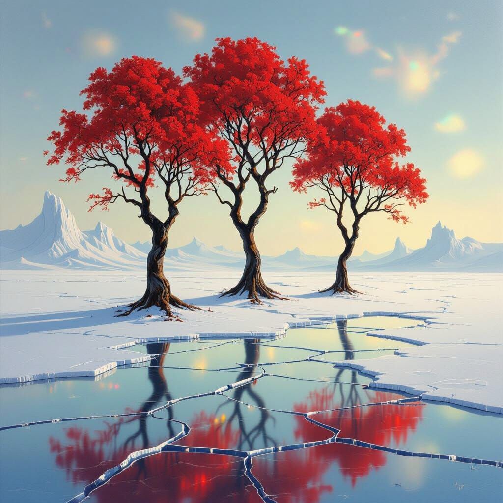 Ethereal Crimson Trees on Cracked Ice Mirror Landscape