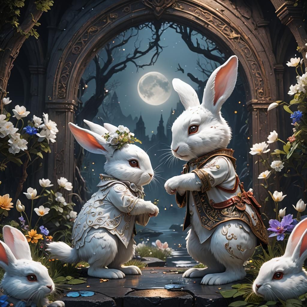 Bunnies Kissing at Night: Detailed Fantasy Painting