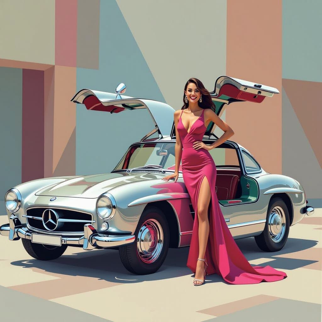 Mercedes 300 SL and Elegant Woman in Cubist Style