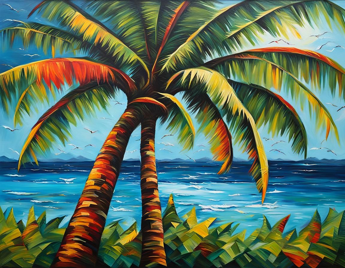 Tropical Coconut Tree in Acrylic Impasto Style
