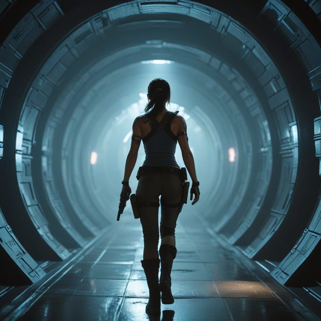 Lara Croft in a Futuristic Corridor
