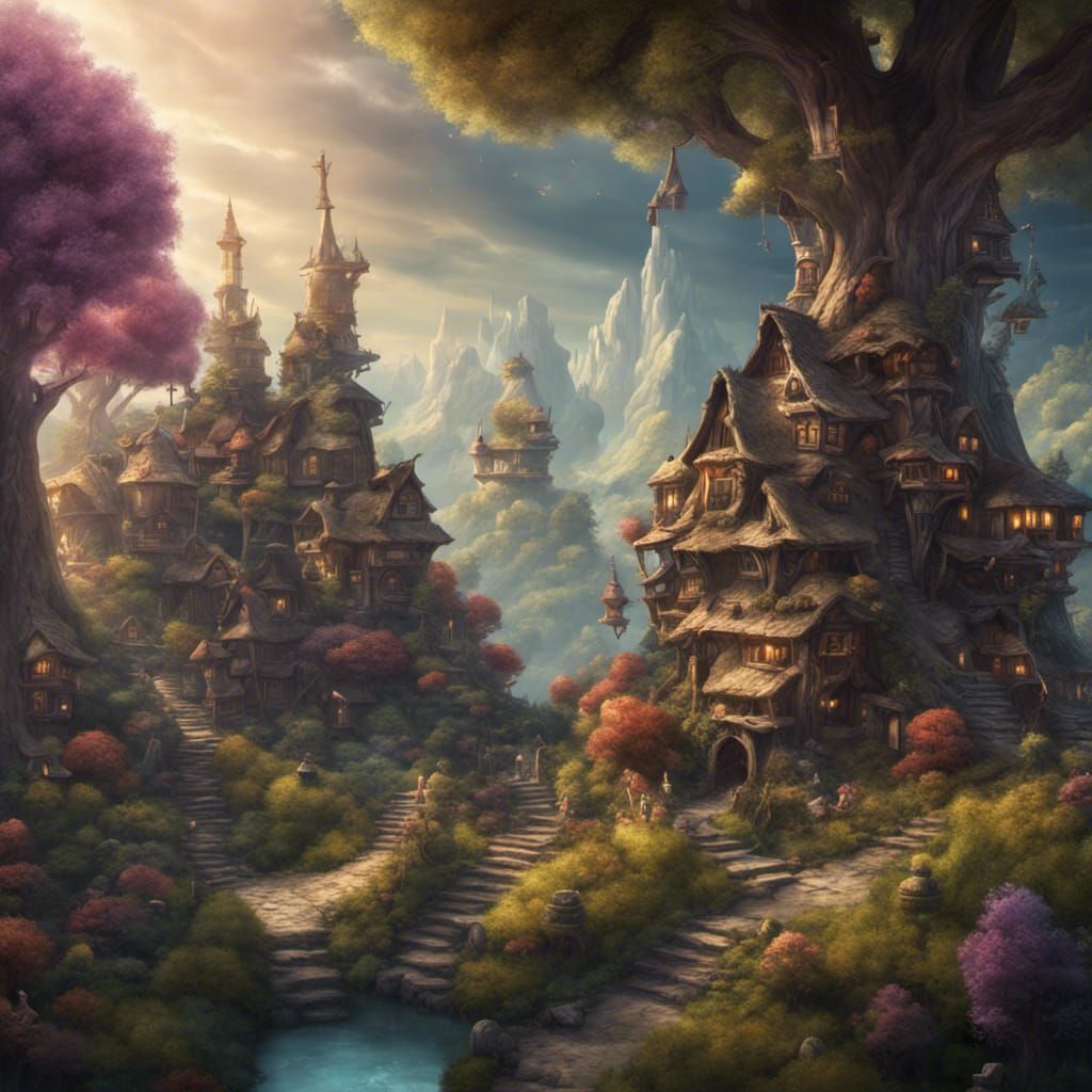 Fantasy Gnome Tree Village: Epic Digital Painting