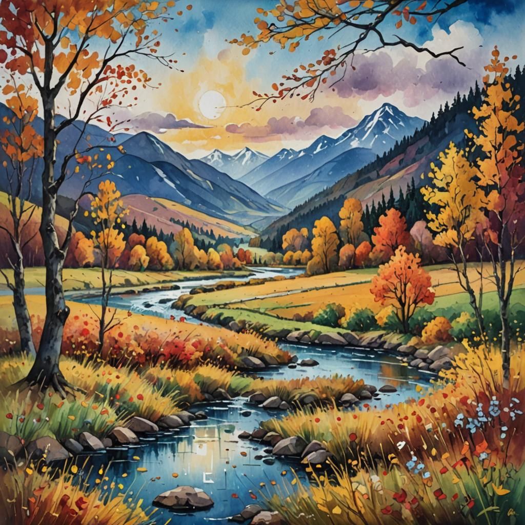 Autumn River in Neo-Impressionist Watercolor